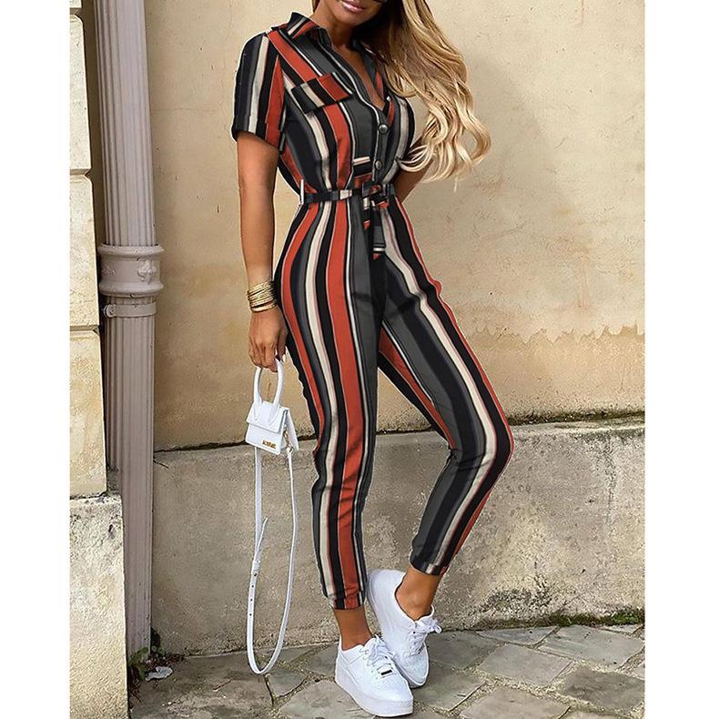 Spot 2026 spring and summer popular European and American women's clothing casual lapel printed belt tooling jumpsuit