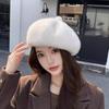 Leopard Print Faux Rabbit Fur Beret Solid Color Fluffy Plush Beret Painter Beret Hat  Women Girl