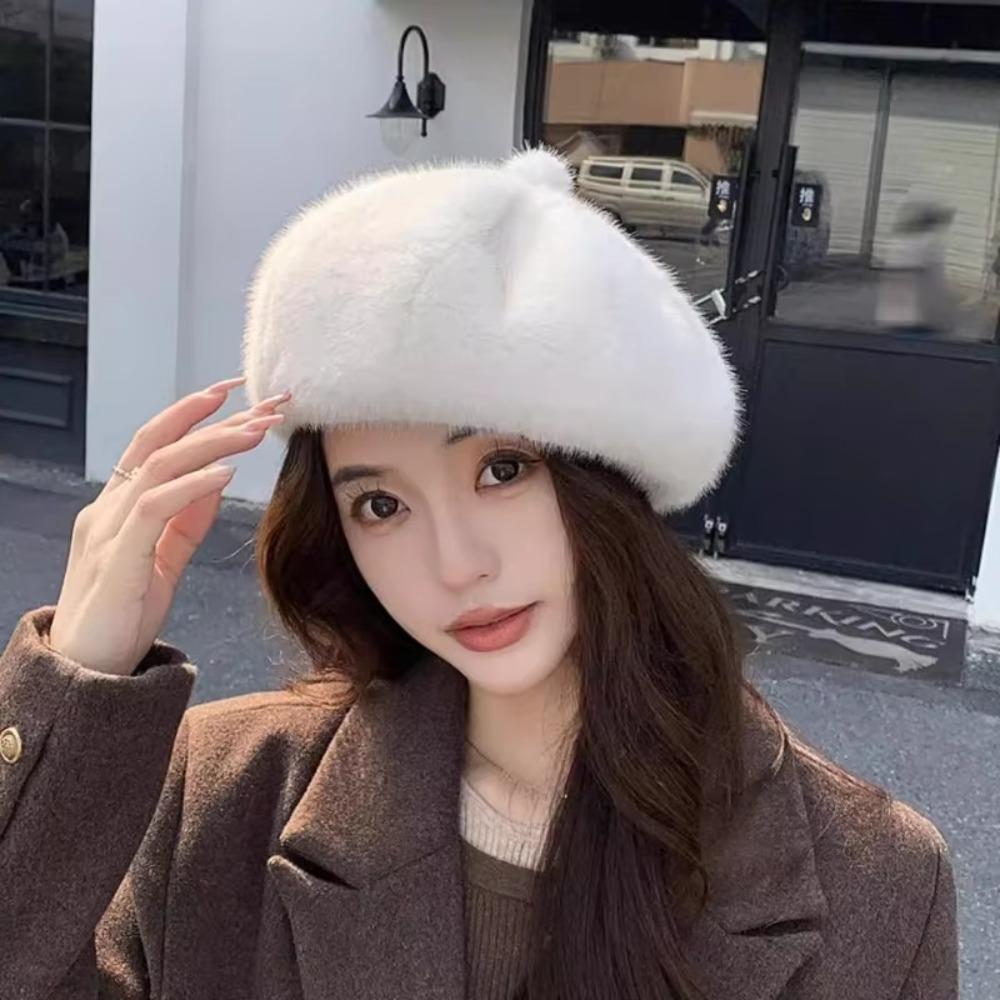 Leopard Print Faux Rabbit Fur Beret Solid Color Fluffy Plush Beret Painter Beret Hat Women Girl