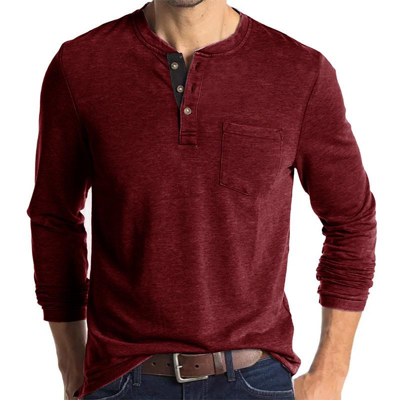 Stylish Men's Slim-Fit Long-Sleeved Henley Pocket T-Shirt Two-Tone Men's Sweatshirt Top
