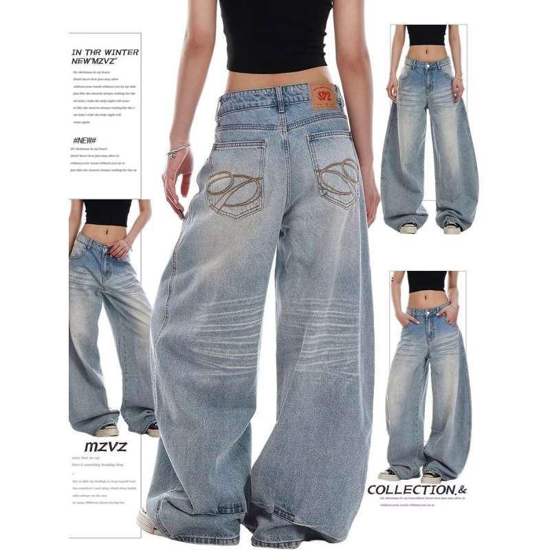 

Light Blue High-Waisted Wide-Leg Jeans for Women - Retro, Loose, and Versatile Straight Drape Floor-Length Pants for Spring Medium