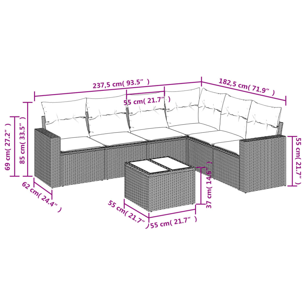7 Piece Garden Sofa Set with Cushions Light Grey Poly Rattan