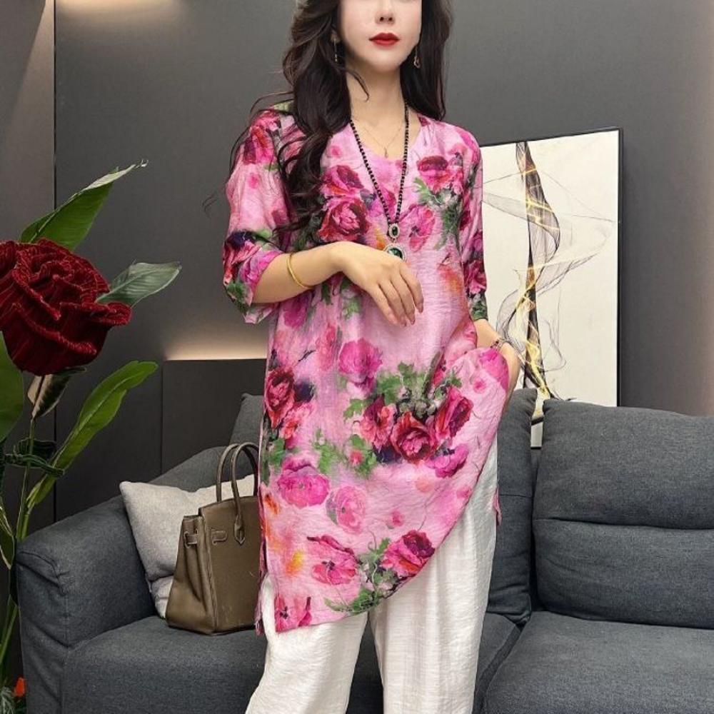 

Мама Принт V-образный вырез Футболка средней длины Летний темперамент Свободная и модная Облегающий и омолаживающий топ для женщин 5XL оранжевый