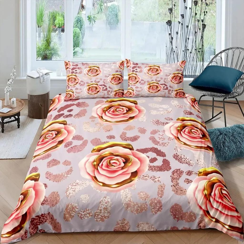 Růžová sada povlečení pro ženy Elegantní fialový květinový potisk Ložní sada Romantické květiny Třpytky King Size povlak na přikrývku Pro páry