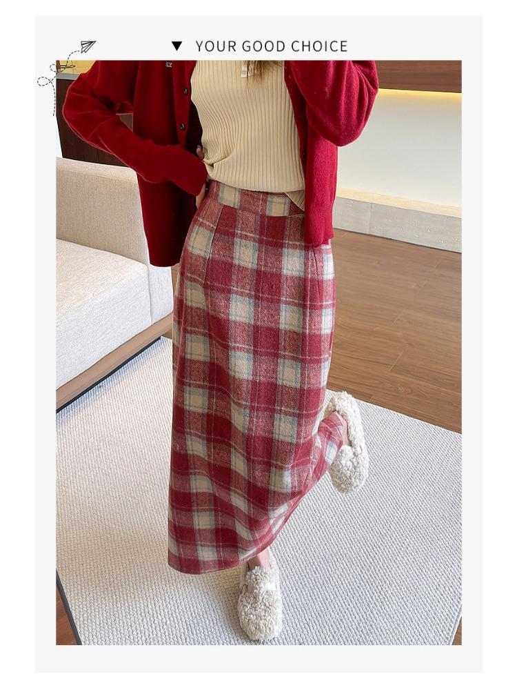 Tweed Package Hip Skirt Autumn and Winter Retro 2025 New Mid-length Skirt Women's Versatile High-waisted Skinny A-line Plaid Bustier