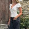 European and American Casual Style V-neck Lace Single Breasted Slim Fit Short Bubble Sleeve Top