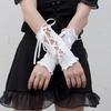 Gothic Frilly Fingerless Gloves Lace-Up Ribbon Ribbed Knit Arm Warmers for Women