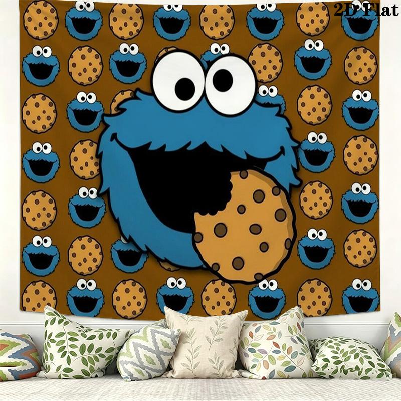 Cookie Monster Cartoon Wall Tapestry Aesthetic Wall Hanging Printed Fabric Blanket Decorative Tapestries for Bedroom Living Room Home Decor