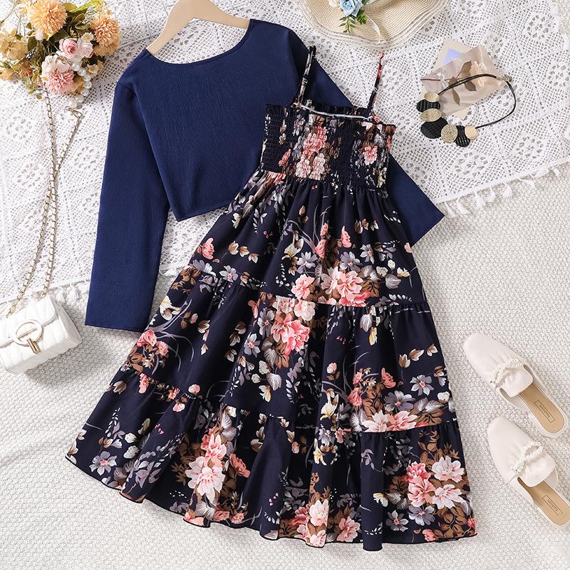Spring 2026 Girls' Floral Sling Dress & Cardigan Set