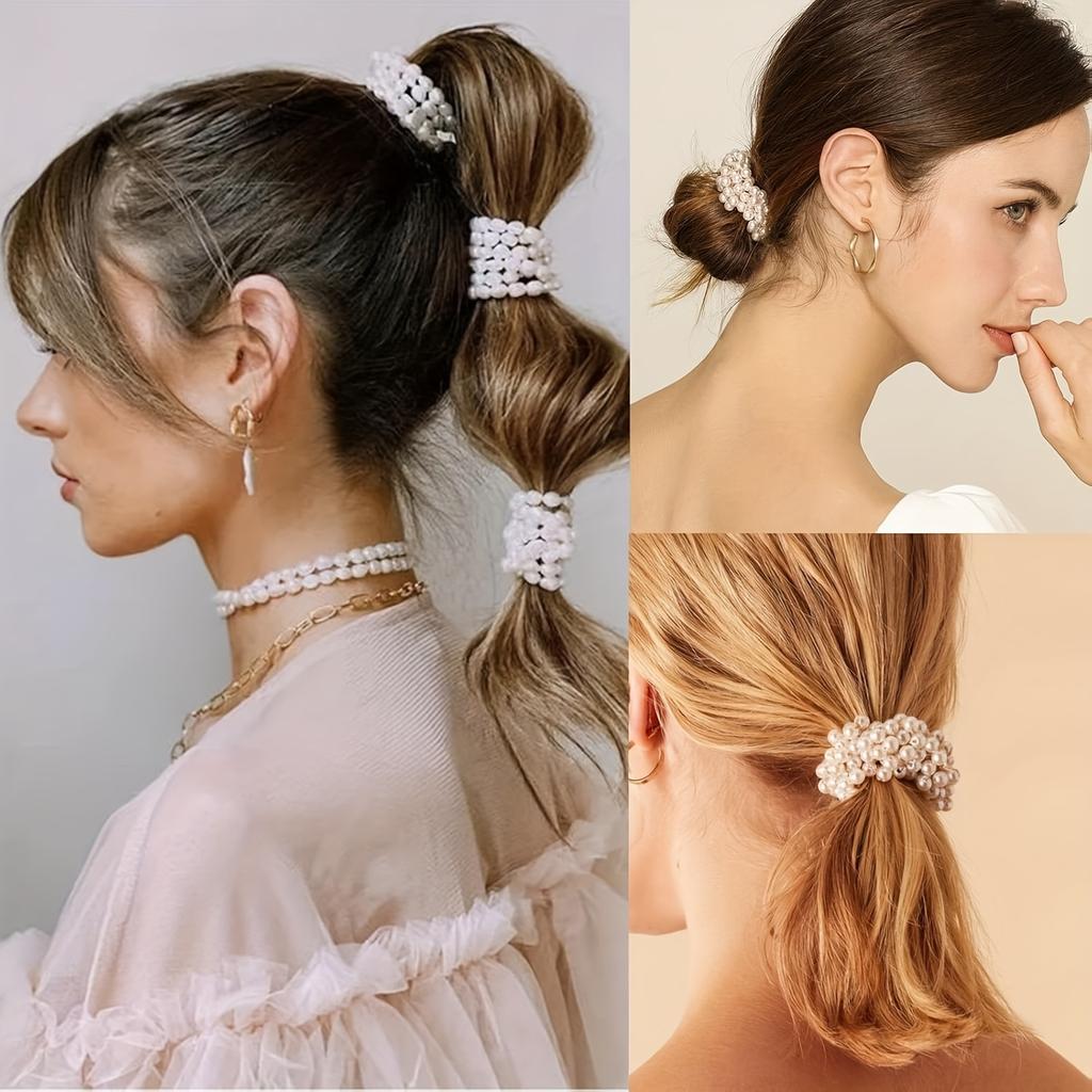 3 Stück Kunstperlen Haargummis • Elastische Scrunchies Dehnbare Bänder • Perlenketten Haaraccessoires für Damen • Pferdeschwanz Dickes Haar • Weiß&Gold&Rosa
