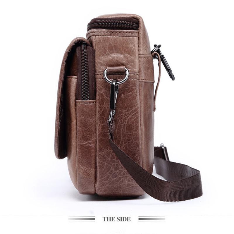 Men's Mobile Phone Bag Small Bag Mini Crossbody Bag Leather Mobile Phone Waist Bag with Belt Retro Cowhide 7-inch Bag
