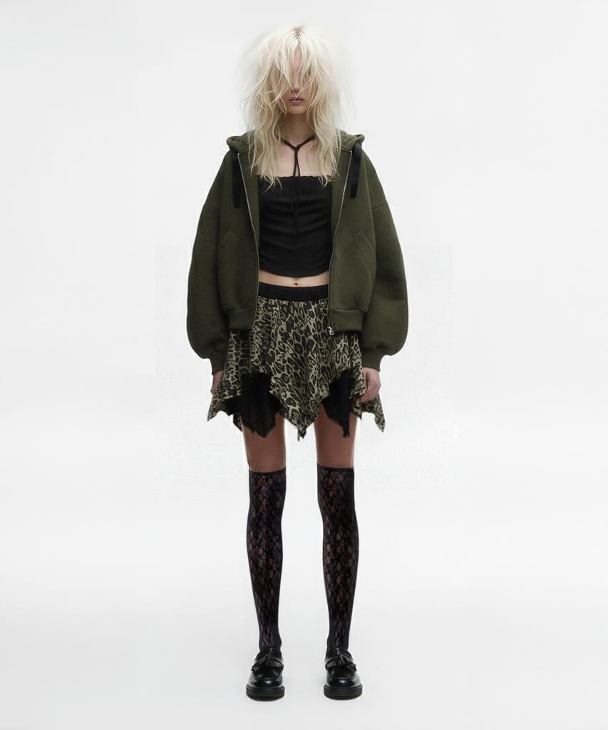 Milkeuaeswiaendeudolseu Leopard Layered Skirt - Olive