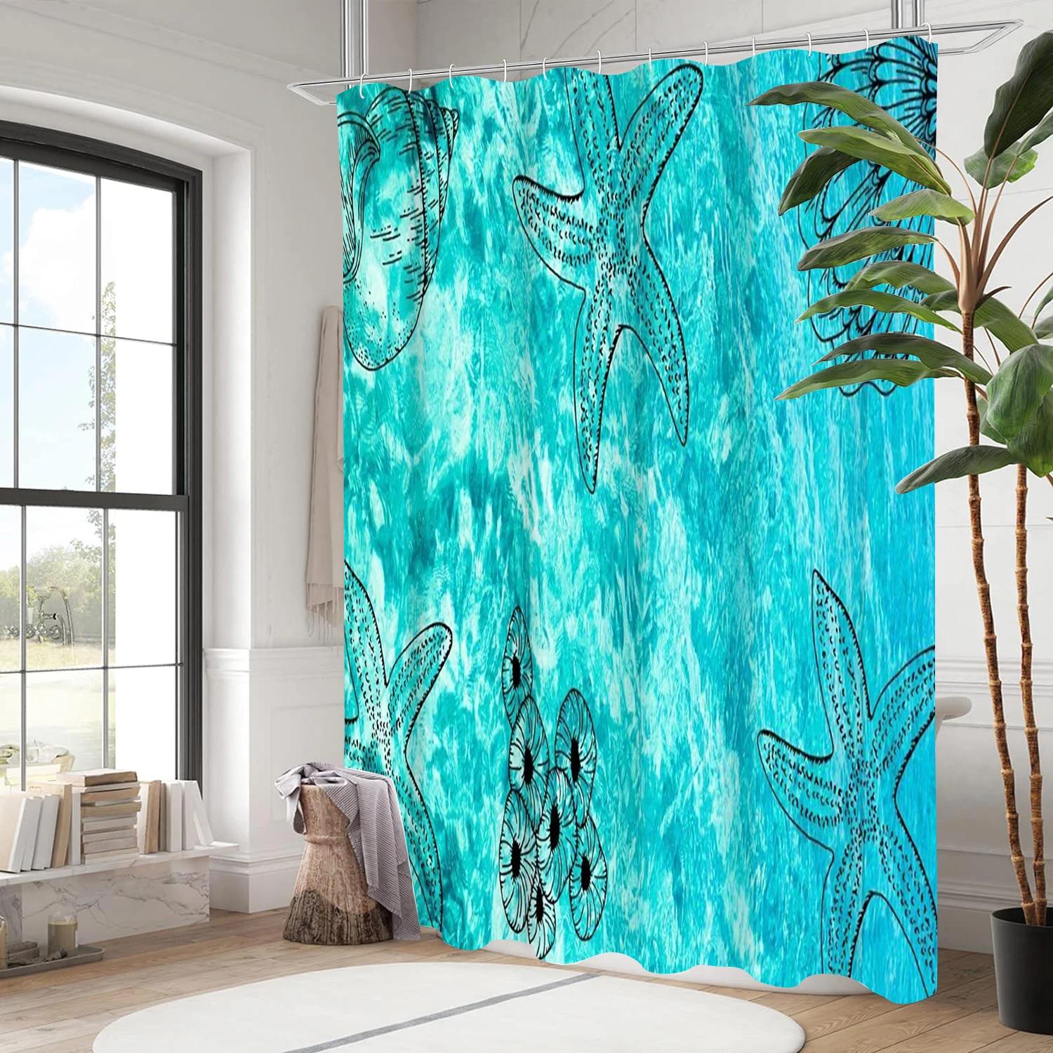 starfish Bathing Curtain Bathroom Shower Curtain Waterproof With 12 Hooks Home Deco W90xH180cm