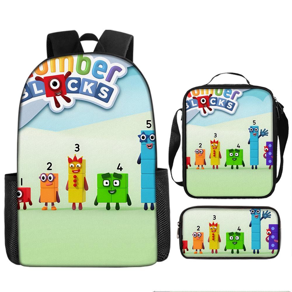 Digital Building Block Numberblocks School Bag Large Capacity Polyester Backpack Satchel Bag Pencil Bag Backpack Three-Piece Set