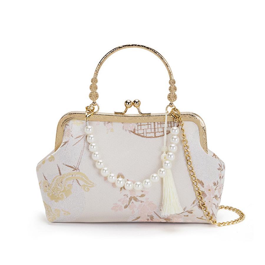 Fashi Clip-On Chinese Evening Bag With Ctrasting Flower Print, Pearl Chain Handbag, Elegant Crossbody Bag for Daily Travel