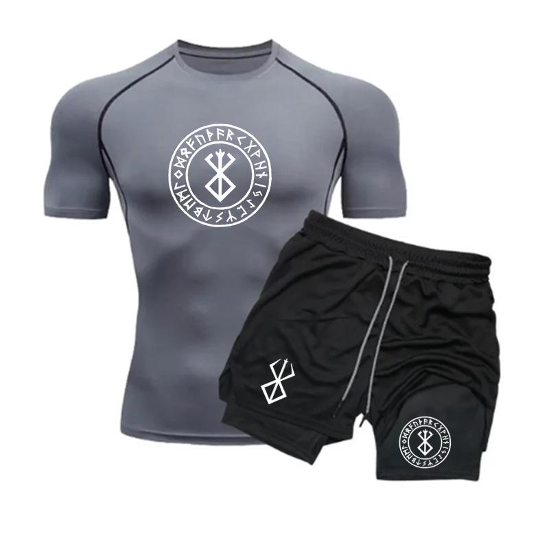 Men's Anime Double-Layer Quick-Dry Shorts & Tee Set for Outdoor Running & Fitness