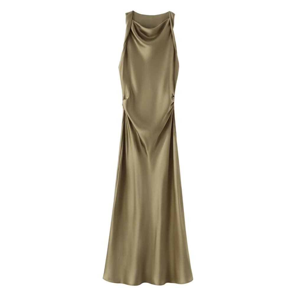 2024 Summer New Women's Fashion Style Slim Fit Sleeveless Silk Texture Midi Dress