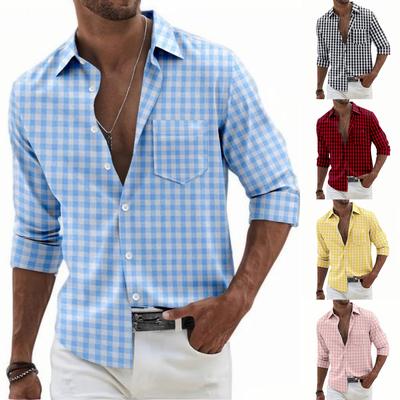 Men's Casual And Trendy Color Woven Checked Long-sleeved Top, Men's Lapel Buttoned Checked Shirt