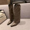Vintage Soft Leather Roman Style Pointed Rivet Pants Boots Versatile Western Cowboy Boots Slim Heel Side Zipper Boots Women
