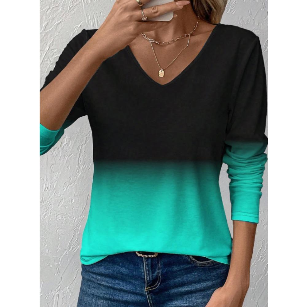 Tops for Women Ombre Dip Dye Block Gradient Wash Round Neck Long Sleeve T-shirt Fall Casual Slim Pullover Women's Long Sleeve Top