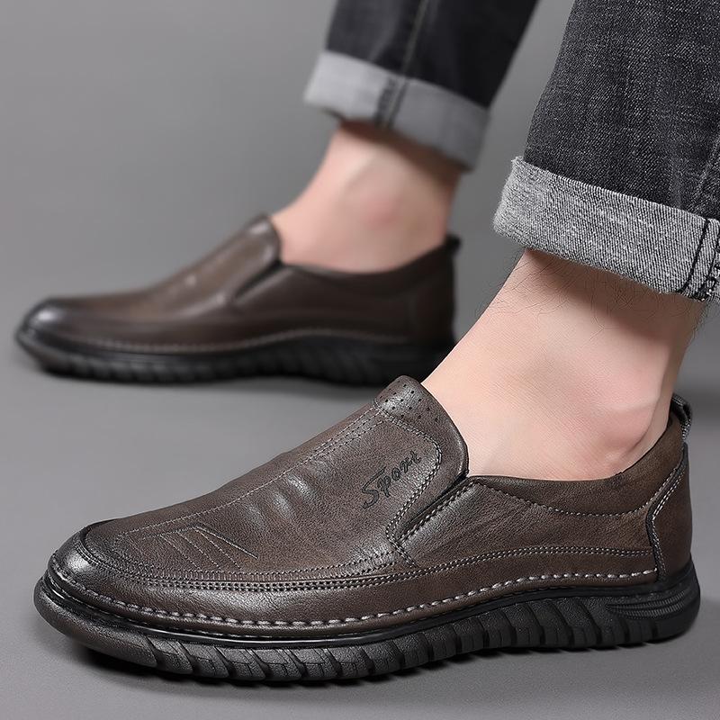 New 2025 Men's Casual Leather Shoes Soft Bottom Slip-On Cow Tendon Sole Breathable Polyurethane Bottom Adult Leather Footwear