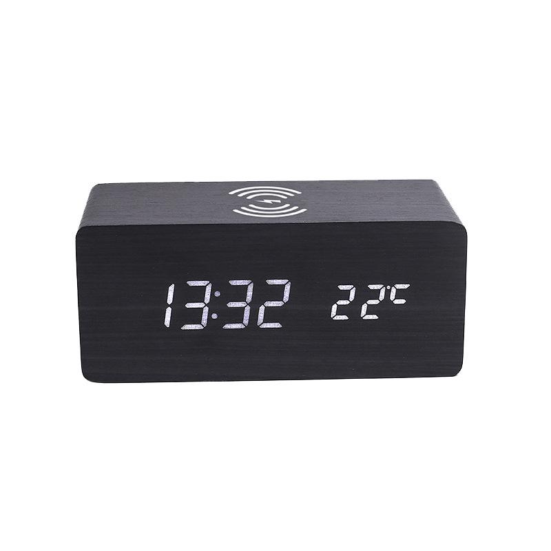 Wireless Charging Clock Sound Control Clock Wooden Clock Smart Wireless Charging Temperature Alarm Clock Electronic Digital Wooden Clock
