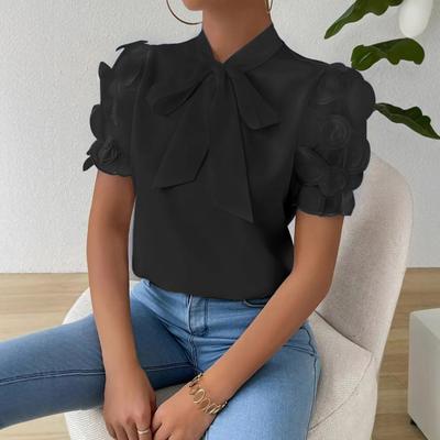 Women Shirt with Tied Bow Neckline Mesh Jacquard Short Sleeves Casual Shirt Solid Color Blouse Daily Wear