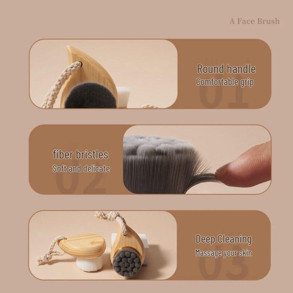 Soft Bristle Face Wash Brush with Wooden Handle – Manual Facial Cleanser & Makeup Remover