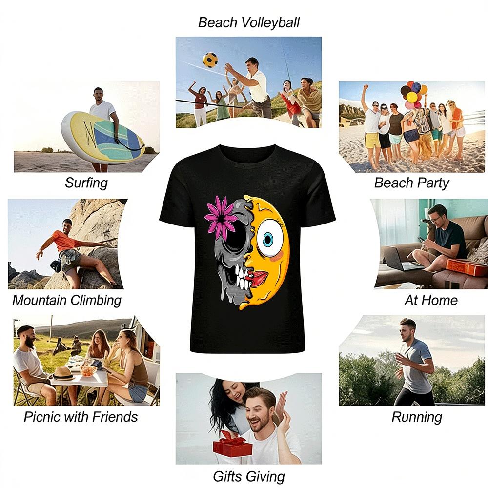 Half Skull And Tongue Out Emoji Print Trendy Casual Short Sleeve T-Shirt Pure cotton T-shirt