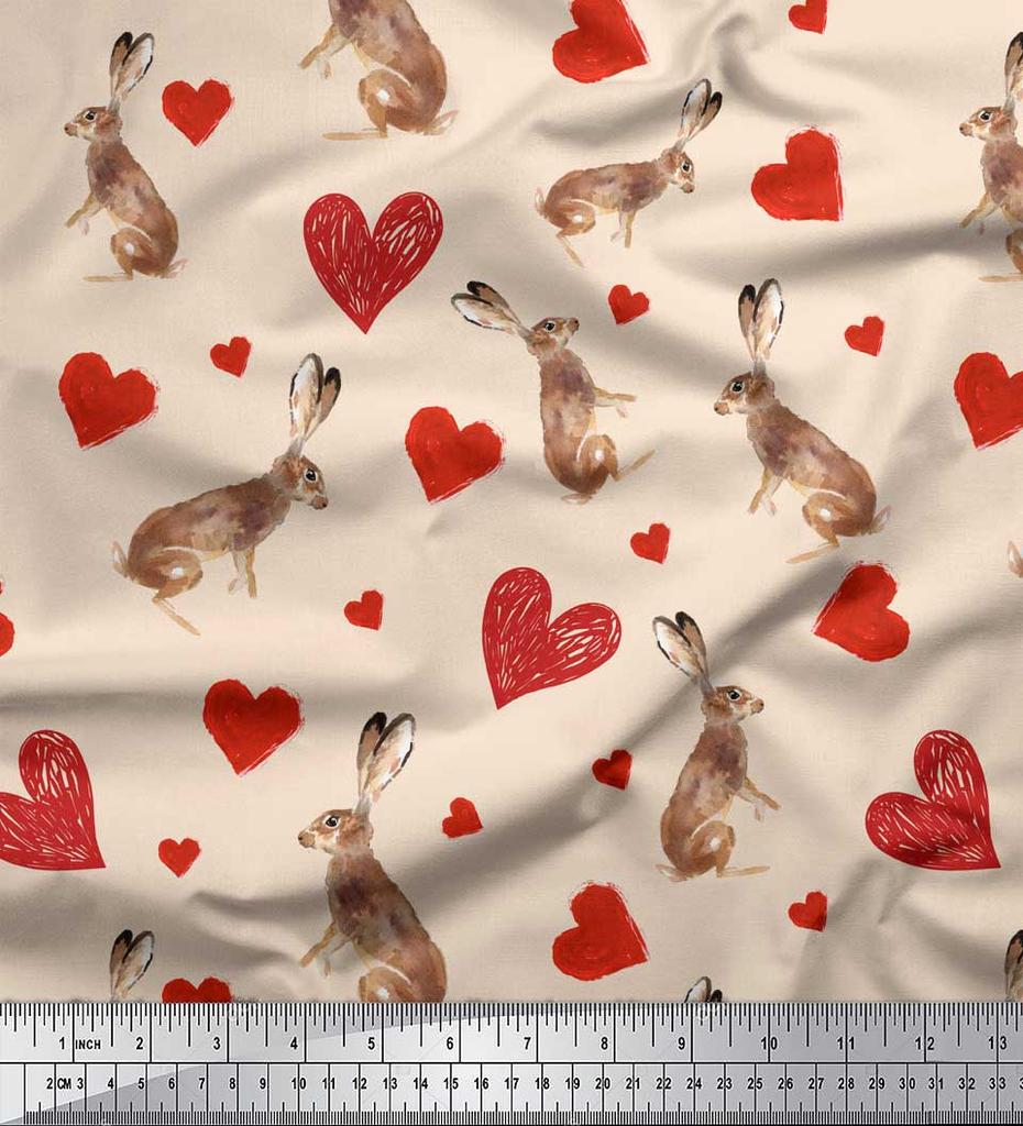 Soimoi White Japan Crepe Satin Fabric Bunny & Heart Print Sewing Fabric metre 42 Inch