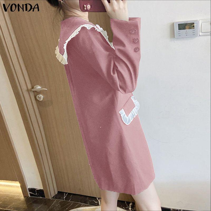 VONDA Women Elegant Big Lapel Neck Long Sleeve Stitching Casual Mini Dress