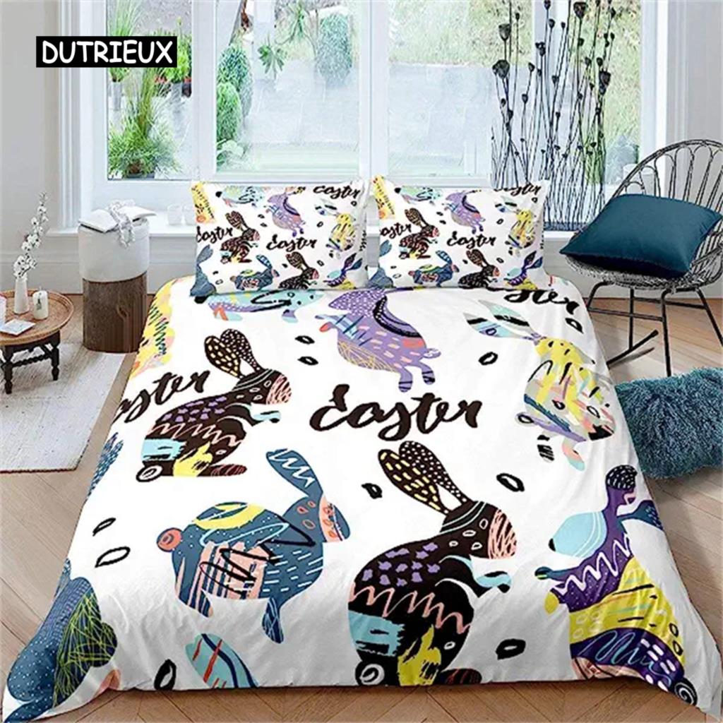 Easter Rabbit Duvet Cover Easter Bedding Set Floral Cute Rabbit Pet Queen Size Kawaii Presents Easter Day Gifts for Toddlers