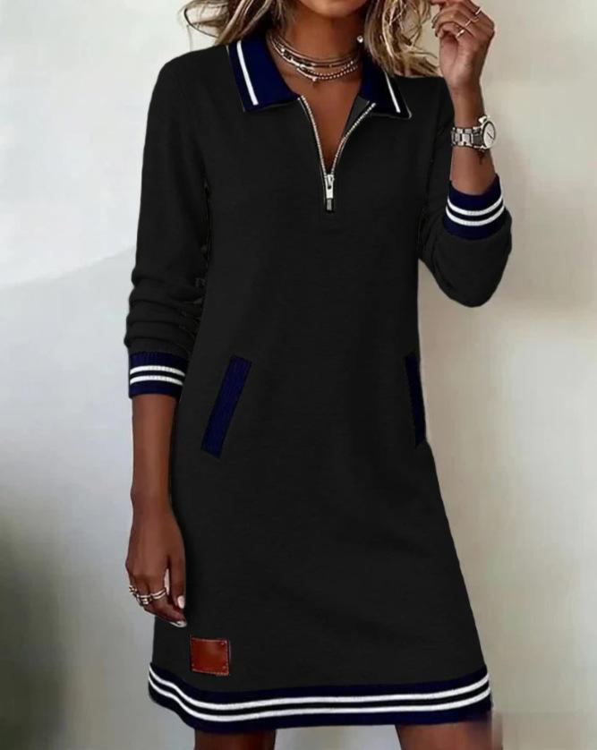2026 Spring Fashionable Versatile Women's Dress Casual Contrasting Color Splicing Lapel Long-sleeved Loose Shirt Dress With Pockets