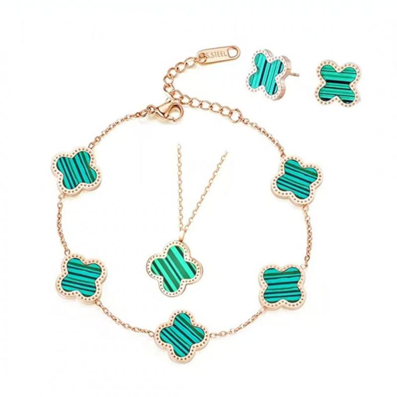 Trendy and Minimalist Four-leaf Clover Titanium Steel Necklace Bracelet Necklace and Earring Set
