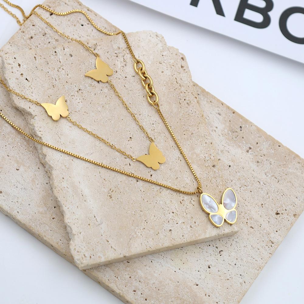 Fashion Light Luxury 18K Gold Fritillary Butterfly Pendant Necklace Women'S High-End Titanium Steel Double-Layer Stacked Collarbone Chain