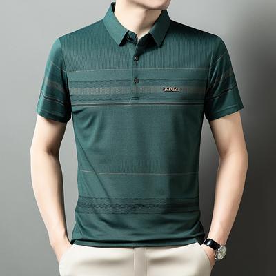 Camisa Polo de Verano para Hombres de Mediana Edad Camiseta de Manga Corta Casual de Negocios Ropa de Papá Camiseta Rayada de Media Manga para Hombre