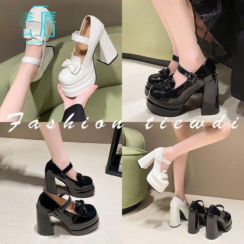 Autumn Single Shoes Thick Sole Thin Bow High Heel Mary Jane Shoes Sweet Cool Small JK Girlish Feeling Heightened Leather Shoes