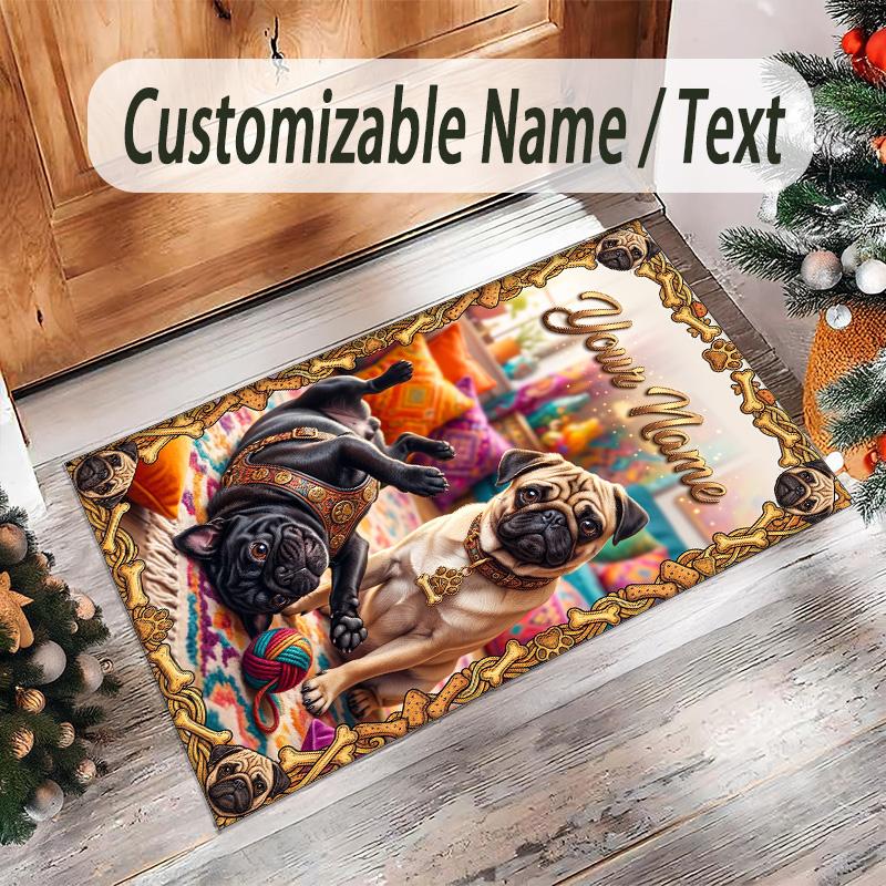 Pug Theme Crystal Velvet Floor Rug Personalized Custom Name Text Warm Carpet Home Decoration
