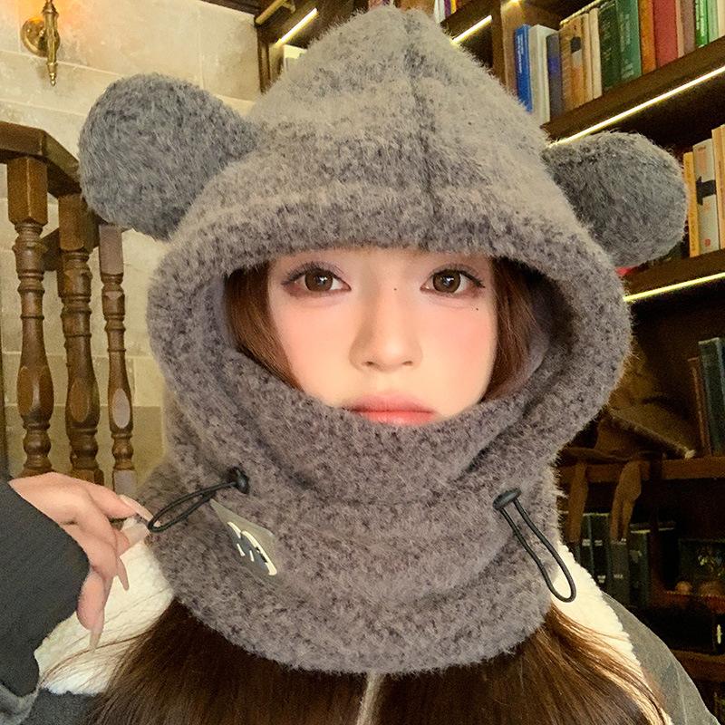 Cute winter thickened plush bear hat mask integrated women's autumn and winter cold protection ear protection cycling hat