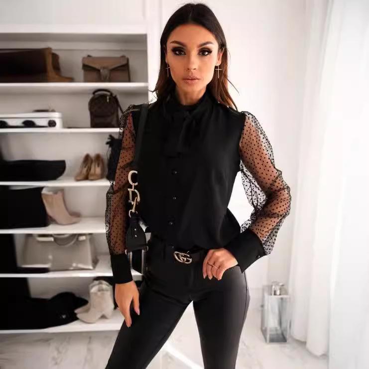 Móda Podzim/Zima 2024 Síťované Patchworkové Košile s Knoflíky a Mašlí