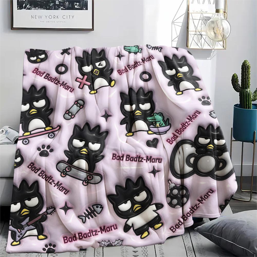 1PC Badtz-Maru Print Flannel Blanket, High Quality All Seasons, Home Decor, Warmth and Comfort, Perfect for Christmas Gifts