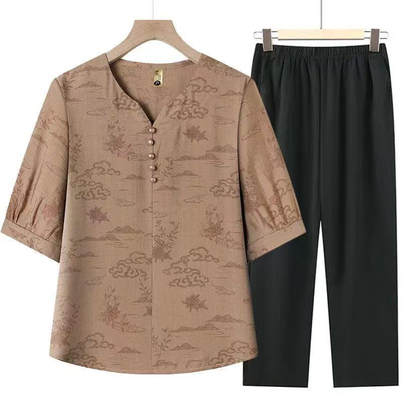 Ethnic Style Cotton Linen Two-Piece Set for Elderly Women - T-Shirt & Pants Summer Outfit