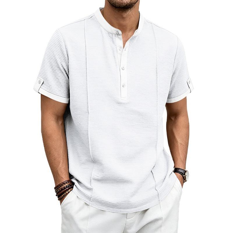 Mens American Retro Textured Henley Short Sleeve Casual Loose Vacation Commuter T Shirt