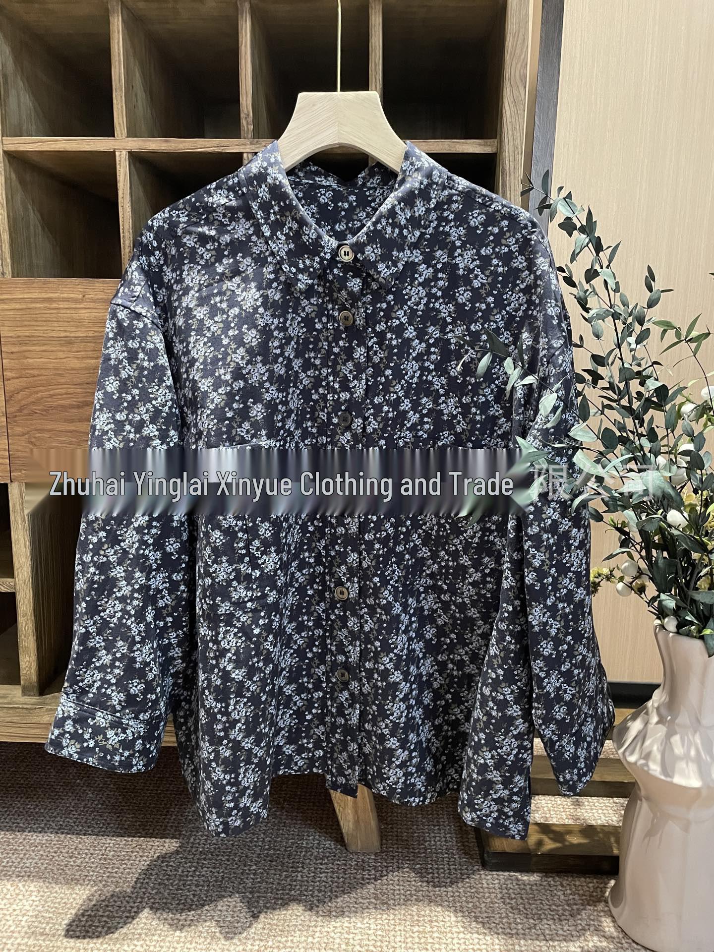 Рубашка с отложным воротником, цветочным принтом и двумя карманами - CS-02191 Medium цветочный/синий