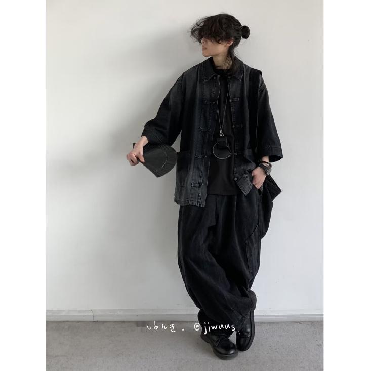 2024 Summer New Chinese Style National Style Do the Old Cowboy Coat for Boys and Girls Loose Retro Buckle Washed Denim Top