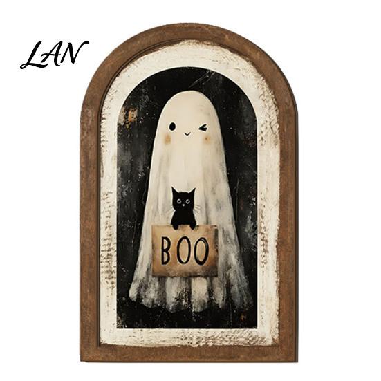 Retro Halloween Room Decoration Ghost Wall Decor, Cute Table Sign, Vintage Arch Framed Arched Wooden Sign Picture, Decorative Art for Mantel A