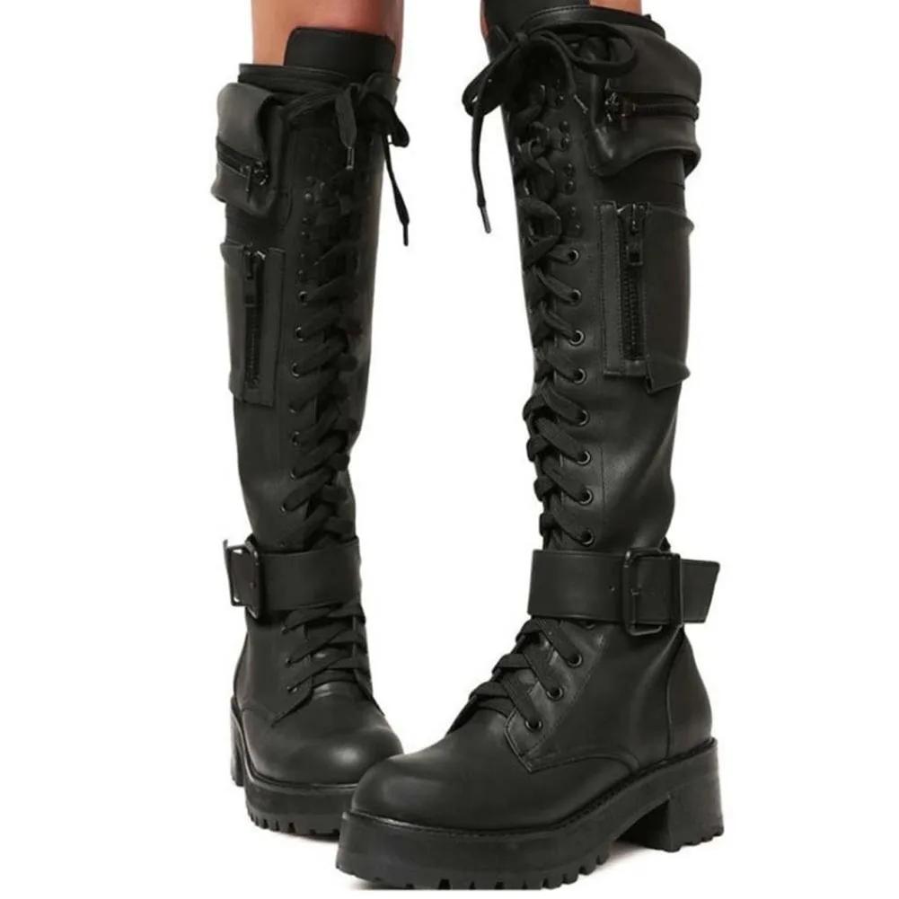 Fashion Knee High Boots Women Cool Goth Zipper Design Pocket Lace Up Chunky Heel High Quality Shoes Woman Fashion Popualr Big Size 35-43