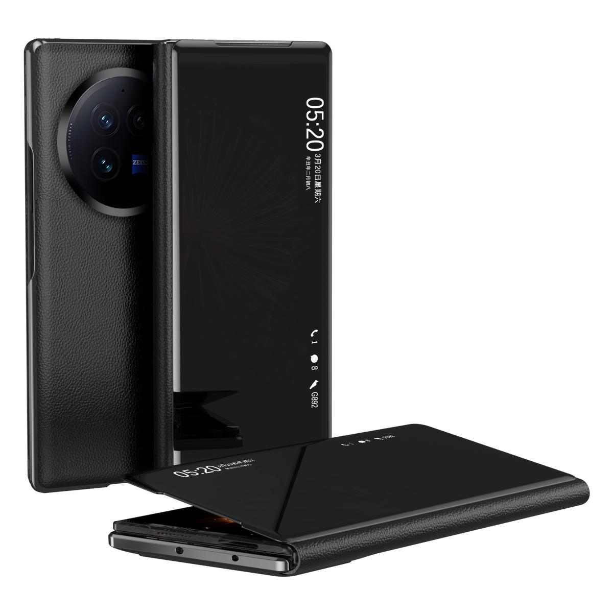 

For vivo X Fold3 Leather Case Mirror Surface Electroplating Phone Cover with View Window Black