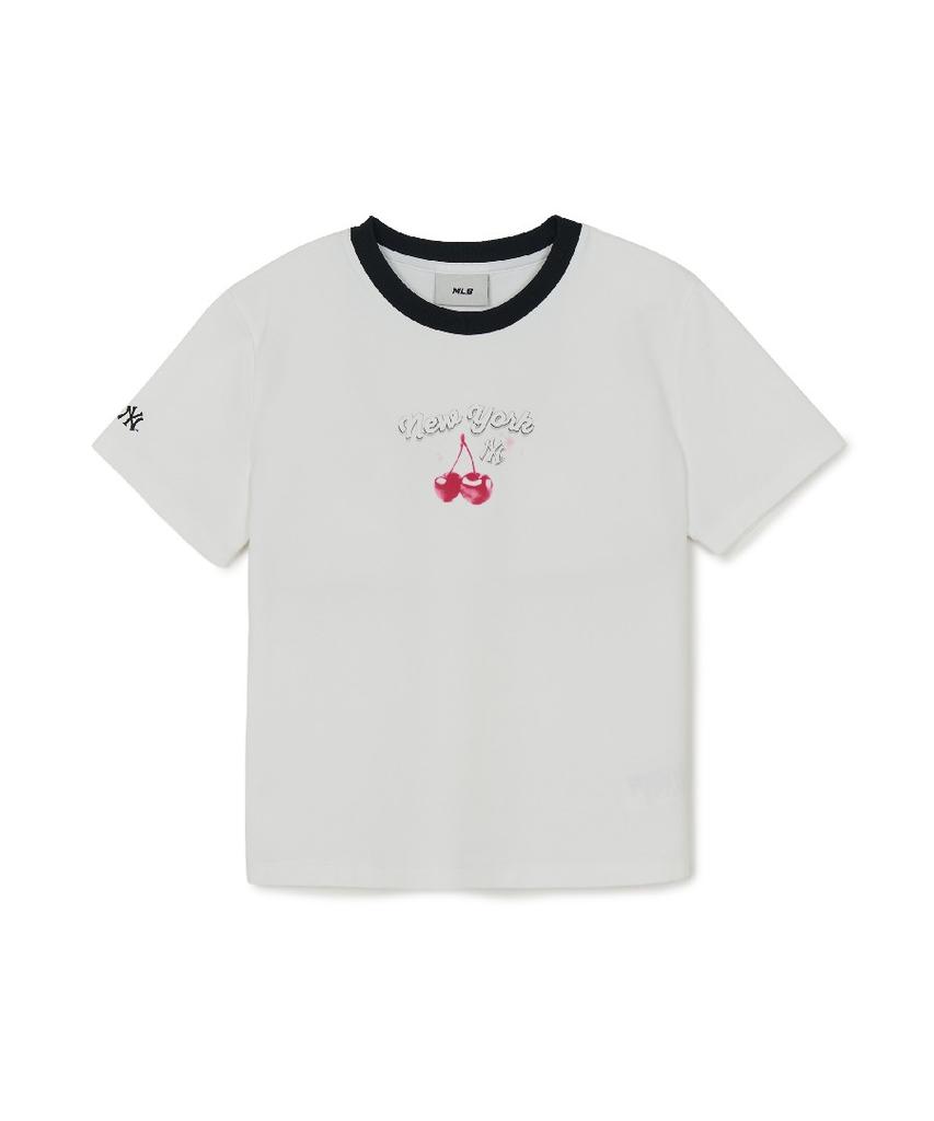 Emelbi Women'S Summer Fruit Ringer Slim Semi-Crop Short Sleeve T-Shirt Ny (White)