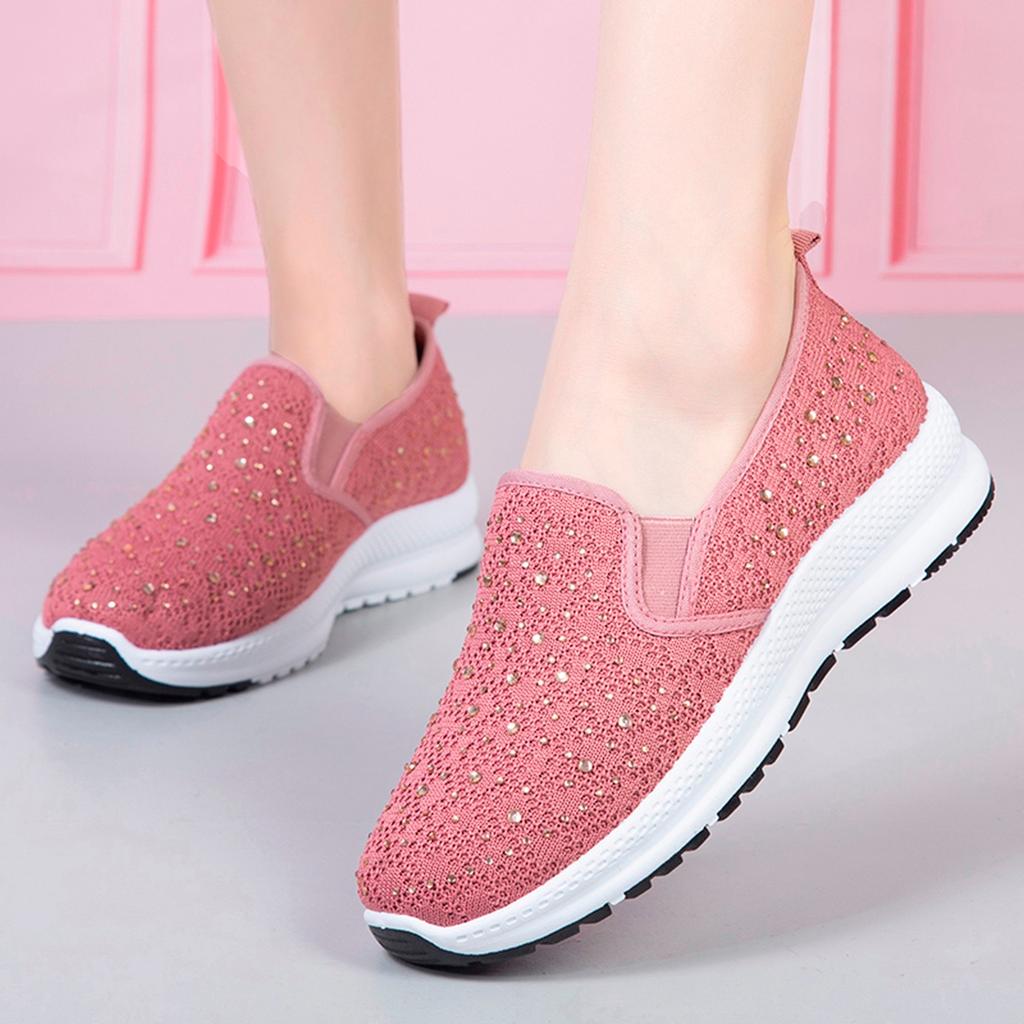 Damenmode, atmungsaktive Wanderschuhe, Mesh-Kristall-Sportschuhe, flacher Boden, lässige Turnschuhe, weicher Boden, modische Mutterschuhe